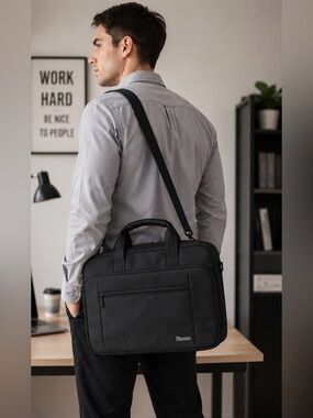 Mancro Black Laptop Briefcase Messenger Bag Multi Compartment